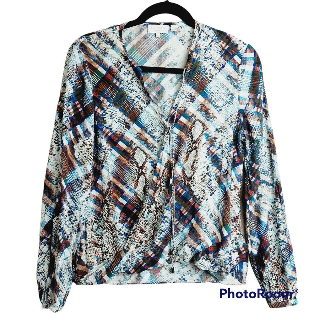 Ted Baker London Faux Wrap Top Blouse V-Neck Floral Long Sleeves Size 1.